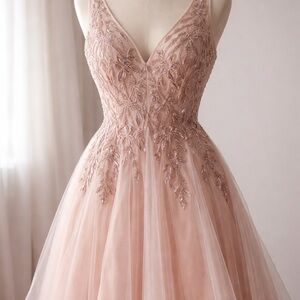 XSCAPE Blush Pink Beaded Sequin Prom Dress 12 V-Neck Tulle Formal Evening Gown